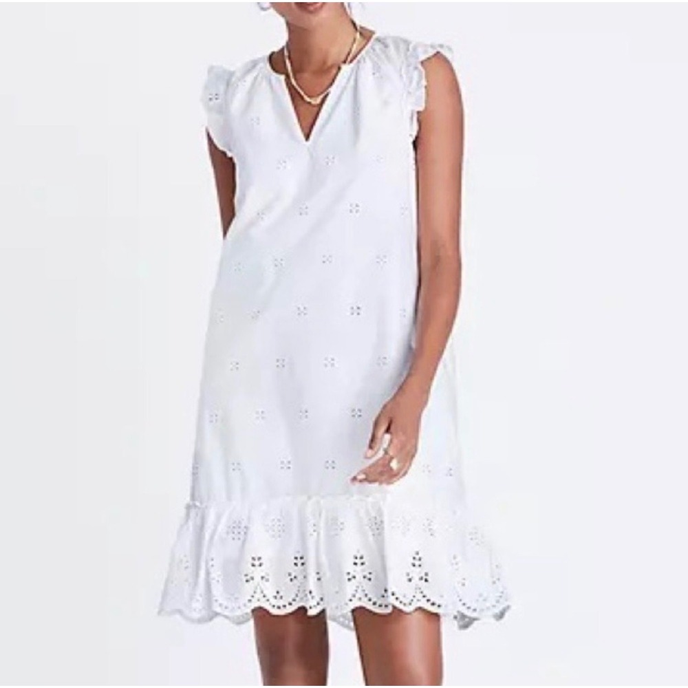 Madewell Eyelet Garden Dress Cotton Ruffle Shoulder V-Neck Size Small